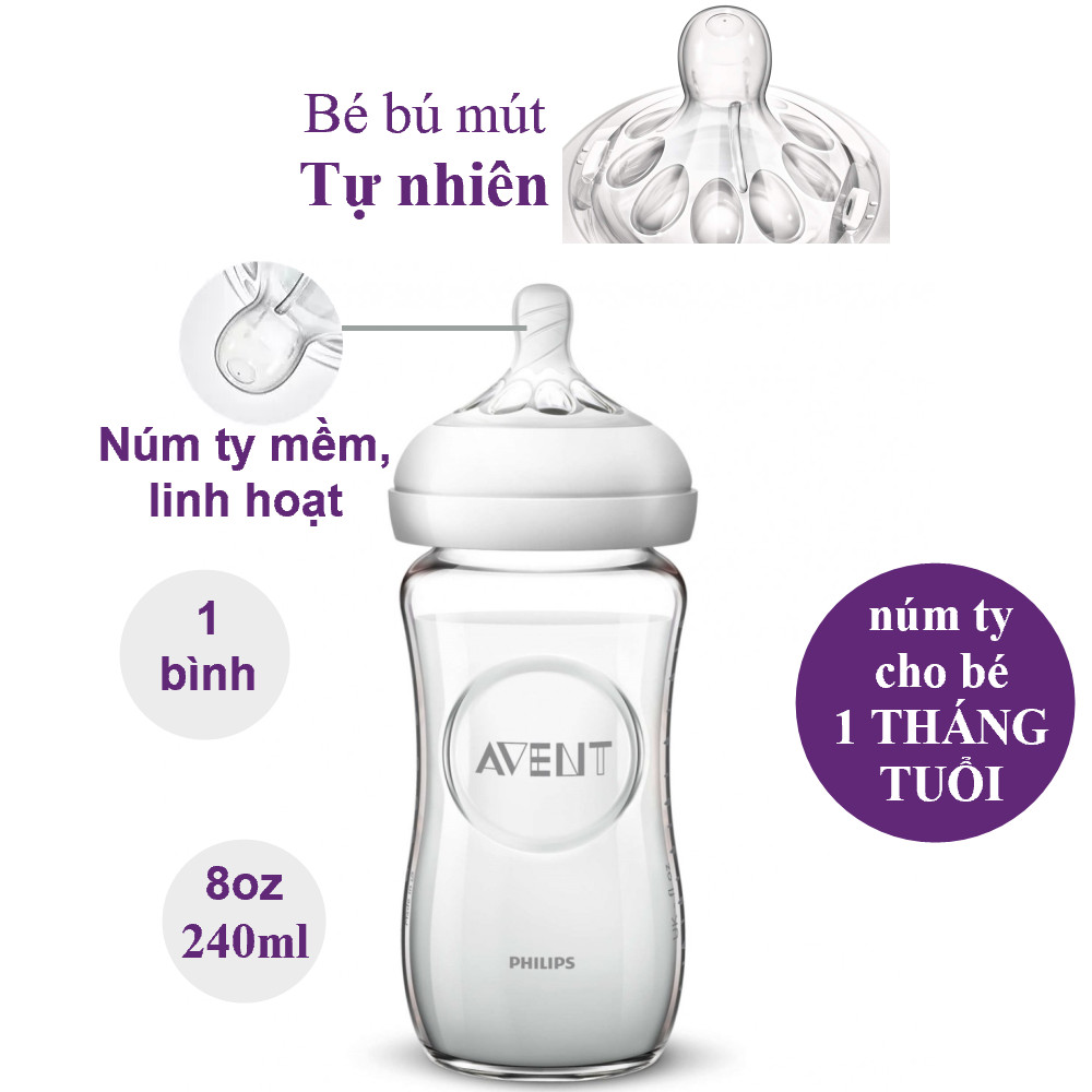 Bình sữa thủy tinh  mô phỏng tự nhiên hiệu Philips Avent (240ml - đơn) cho trẻ từ 1 tháng tuổi 673.13