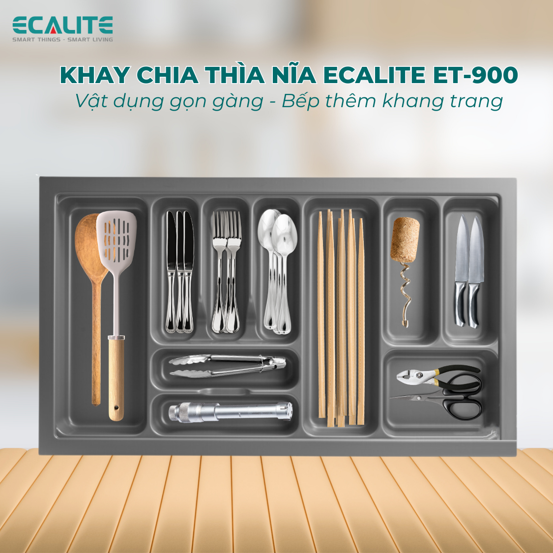 Khay chia thìa dĩa nhựa cao cấp Ecalite ET-900 - Dành cho ngăn kéo rộng 900mm - Hàng chính hãng