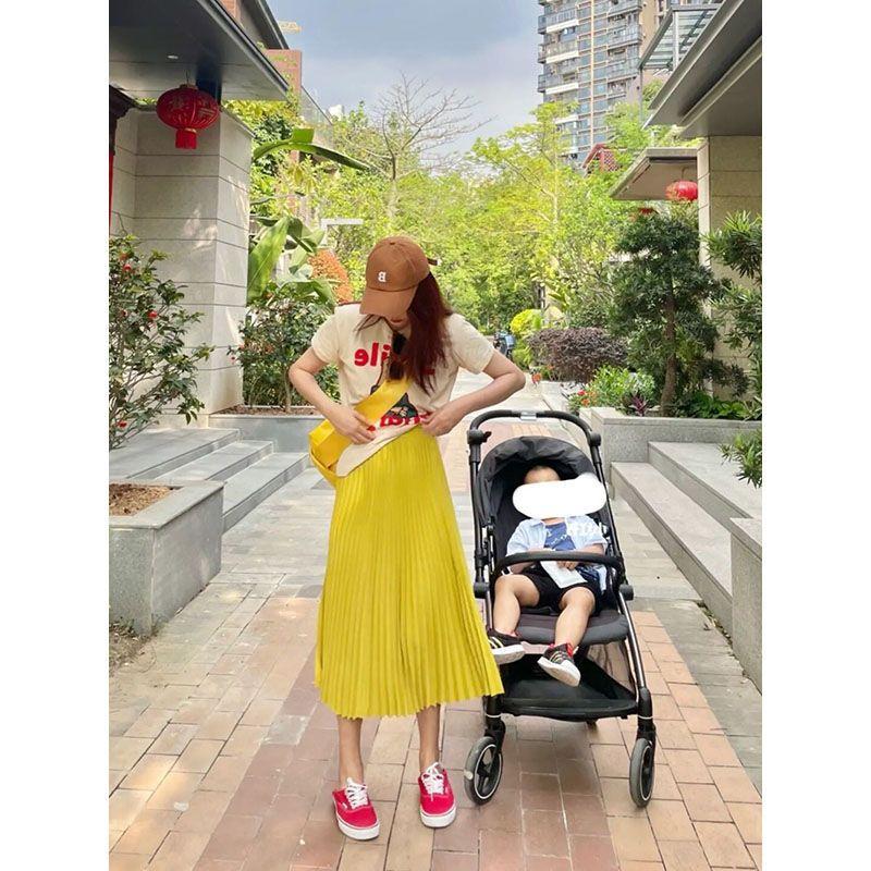 TOBE1SHOP Váy Hồng Kông nhẹ nhàng, hoạt bát, áo thun ngắn tay, thắt lưng mềm mại, váy xếp nếp, con cái mùa hè.