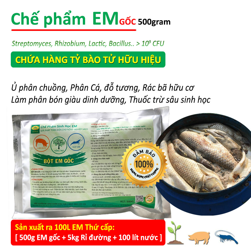 Chế phẩm EM gốc đậm đặc. Chứa hàng tỷ vi sinh vật có lợi. Ủ rác bã hữu cơ làm phân bón. Xử lý hôi chăn nuôi. Làm trong sạch nước ao hồ nuôi cá tôm