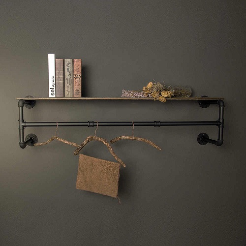 Kệ ống nước Kệ treo gắn tường kiêm giá treo quần áo 20x80x25cm Chất liệu gỗ , ống sắt 3ly cứng cáp trang trí quán và shop