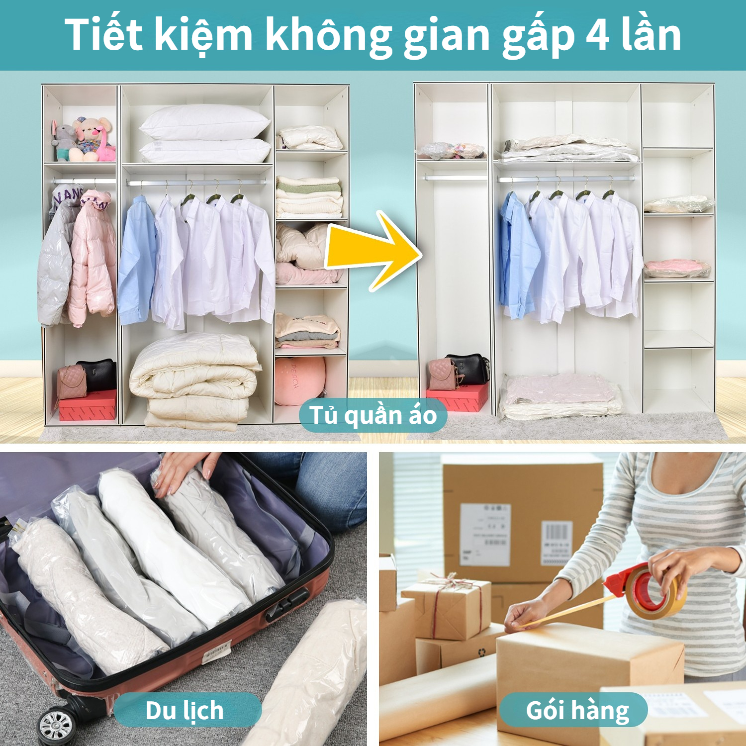 Bộ 4 Túi Hút Chân Không Đựng Quần Áo Chăn Màn Bảo Quản Đồ Đạc Gọn Gàng Tiết Kiệm Không Gian