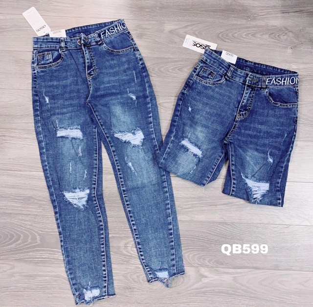 Quần baggy jean nữ rách cạp thêu co giãn Q074