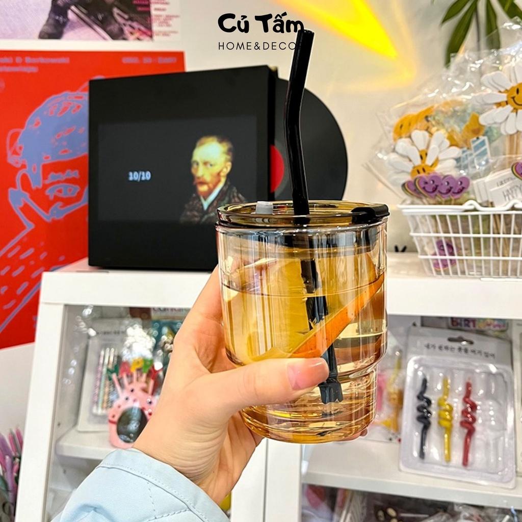Ly thủy tinh, cốc thủy tinh đai da kèm ống hút và nắp đậy kín phong cách Bắc Âu size to