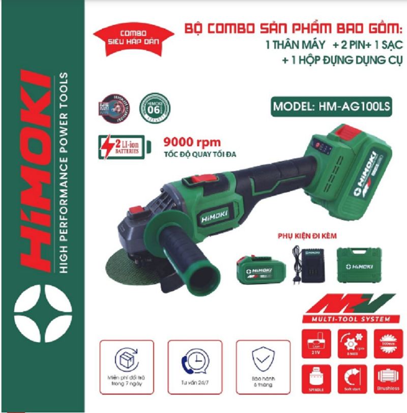 Máy Mài Pin HIMOKI 21V Không Chổi Than - Máy Cắt Cầm Tay Pin 10 Cell - HÀNG CHÍNH HÃNG