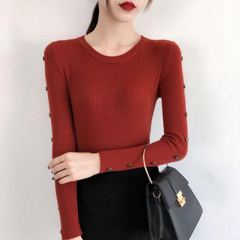 Áo dệt kim tay dài phối nút màu trơn thiết kế thanh lịch