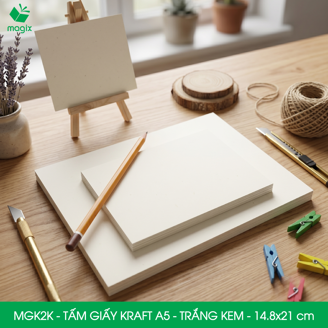 MGK2K - A5 - 100 gsm - 100 tờ giấy kraft trắng kem - Giấy mỹ thuật in ấn, làm ruột sổ, vẽ phác thảo
