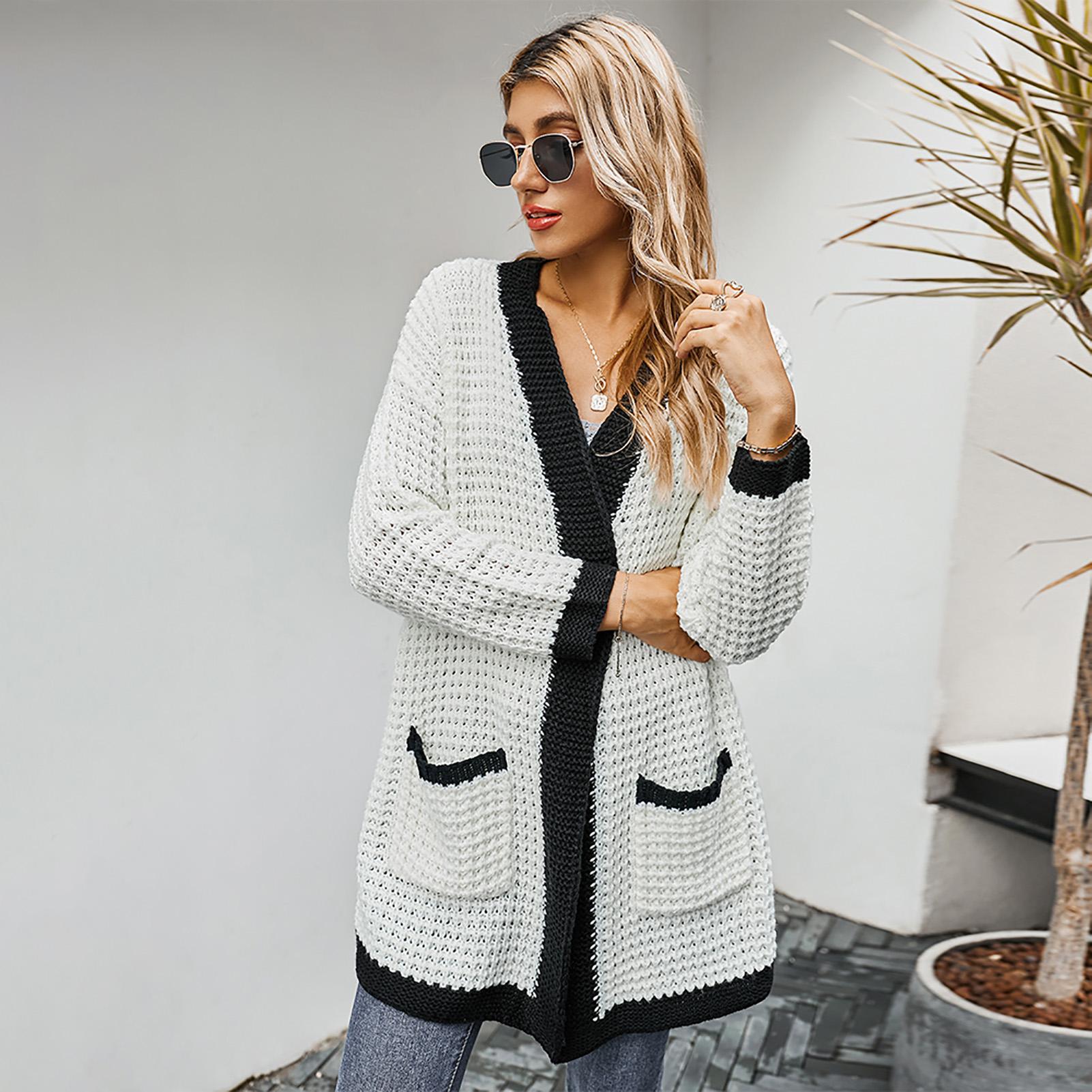 Knitted Cardigan for Women Long Open Front Cardigan Hollow Out Pockets Thick Sweater Long Sleeve Loose Coat Winter