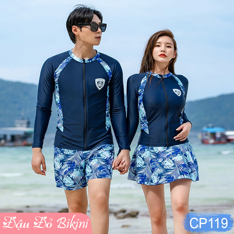 Đồ Bơi Đôi Big Size Dài Tay &amp; Quần Dài Chống Nắng 3-4 chi tiết, bộ bơi size đại có áo khóa kéo dễ mặc, cỡ lớn đến 125kg, thun lạnh Lycra dày mịn mát | BN119 &amp; KT119