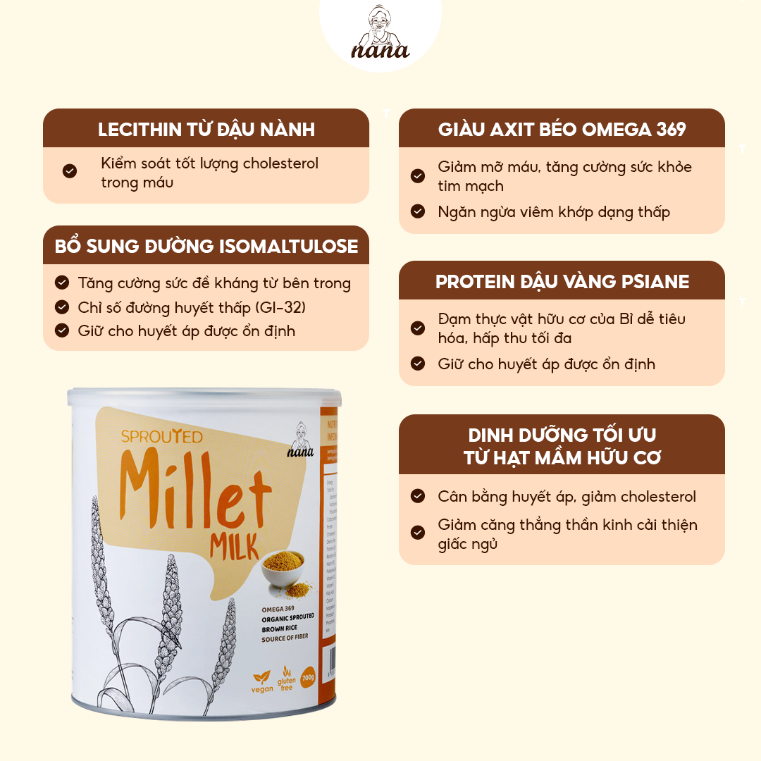 Sữa Hạt Millet 700g x4 Hộp (2.8kg) Vị Kê Tự Nhiên Cho Trẻ Từ 3 Tuổi &amp; Người Lớn Sữa Hữu Cơ Bổ Sung Dinh Dưỡng Toàn Diện