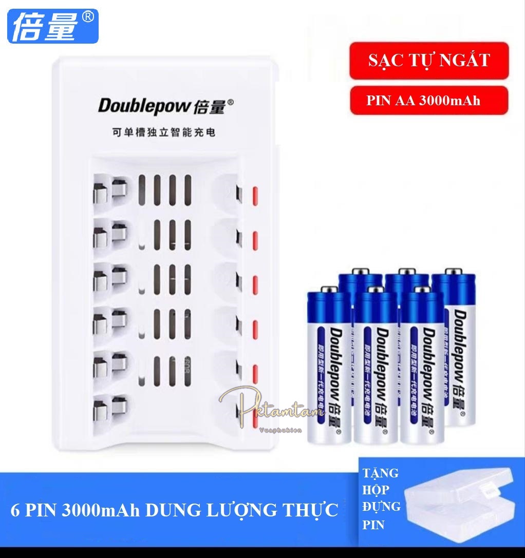 Sạc Pin AA/AAA Tự Ngắt ( 6 Khe Sạc ),Tặng Kèm Hộp 6 Pin Dowblepow 3000mAh