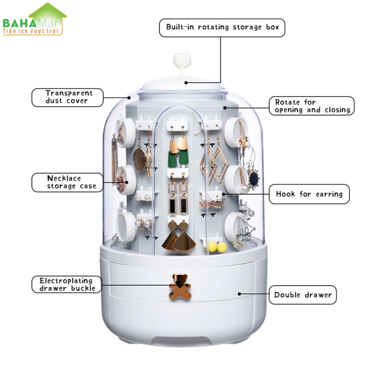 HỘP ĐỰNG TRANG SỨC ĐỂ BÀN XOAY 360 ĐỘ An toàn trang sức, thiết kế móc có thể treo các đồ trang sức trong hộp để ngăn ngừa bụi và phần ngoài trong suốt để nhìn rõ ràng bên trong.