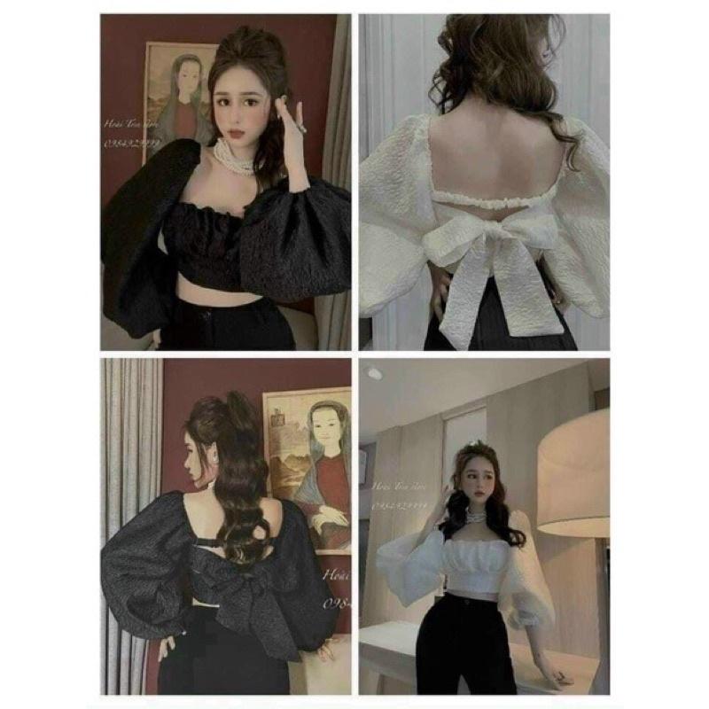 áo croptop tay phồng trễ vai cổ vuông trắng Thời Trang Hàn Quốc Cho Nữ 3 màu
