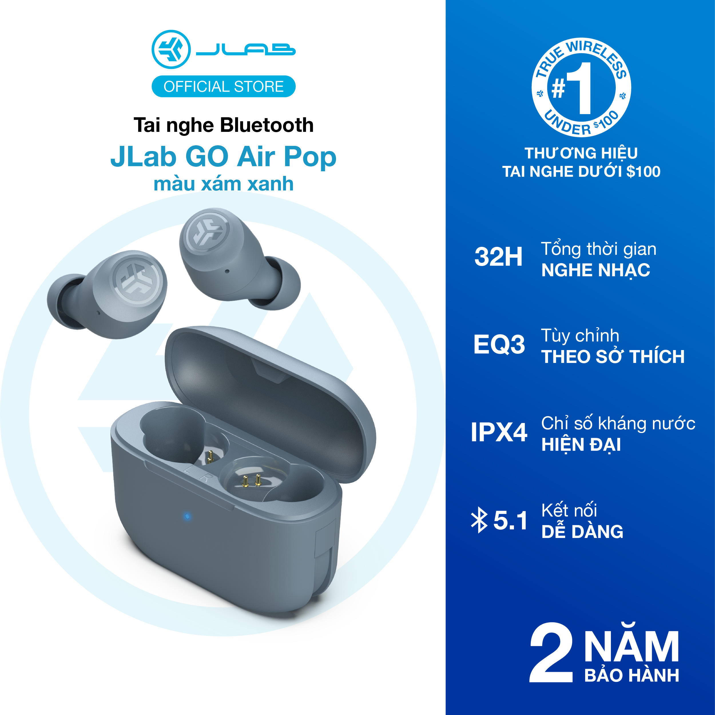 Tai nghe Bluetooth TWS không dây Jlab Go Air Pop thời gian nghe 32H EQ3 Sound chuẩn IPX4 chống ồn tích hợp dây sạc - Hàng chính hãng BH đổi mới 2 năm