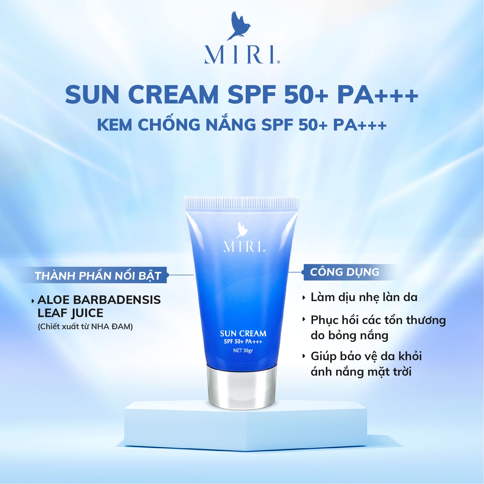 COMBO TẠM BIỆT NÁM MIRI: White Cream Melasma MIRI &amp; Melasma Serum MIR  70gram &amp; Sun Cream MIRI SPF 50+ PA+++ 30gram