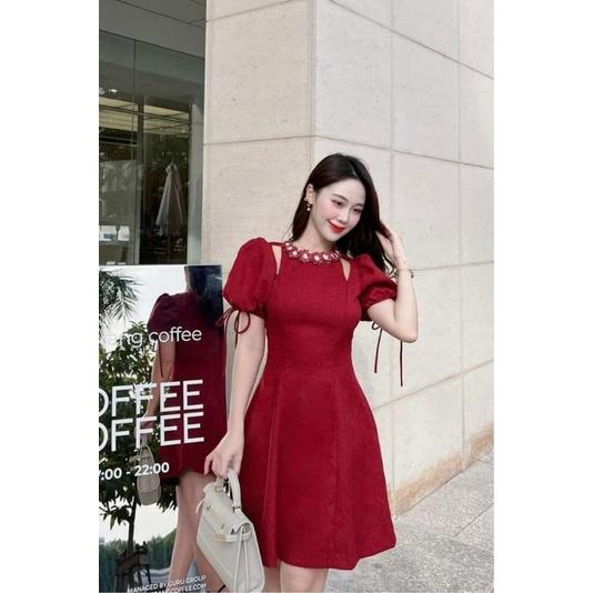 ĐẦM ĐỎ TAY PHỒNG ĐÍNH HOA XINH XẮN