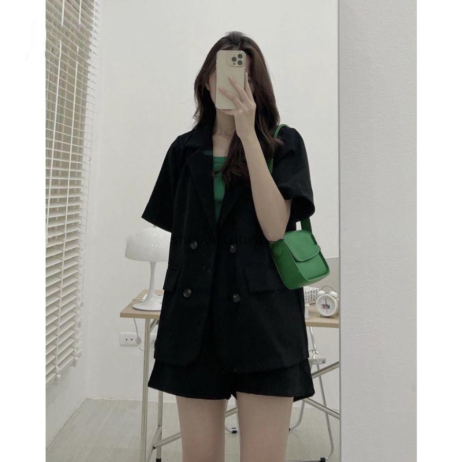 Set Áo Vest Blazer Cộc Tay Basic Kèm Quần Short Đùi Màu Trơn Thanh Lich Chuẩn Form Chất Đẹp Zmstore