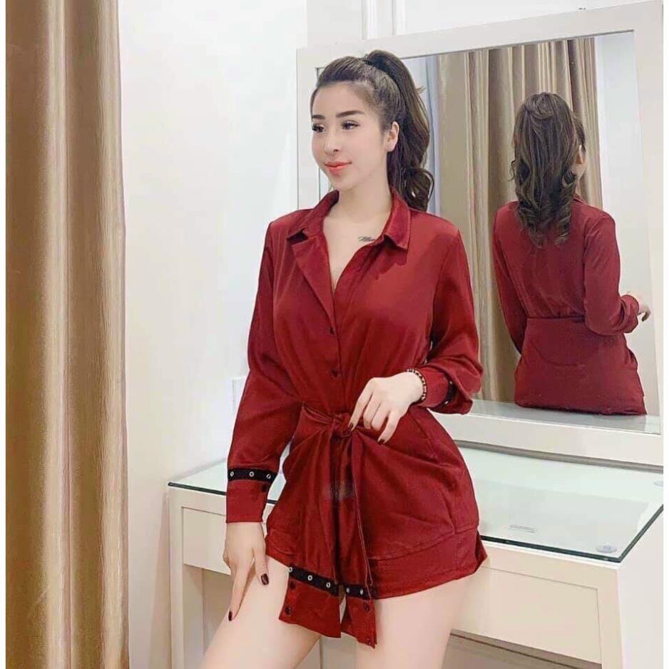 Set bộ sơ mi dài tay cột nơ eo màu sắc  thời trang nữ dạo phố, dự tiệc