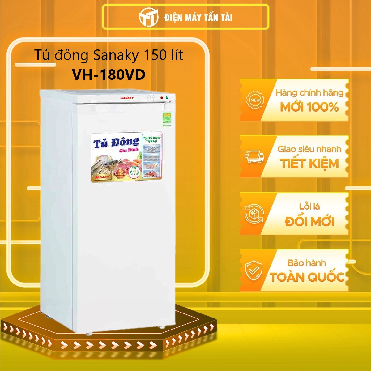 TỦ ĐÔNG ĐỨNG SANAKY 180/150 LÍT VH-180VD NHÔM (R600A) (5 HỘC) (HÀNG CHÍNH HÃNG) (CHỈ GIAO HCM)