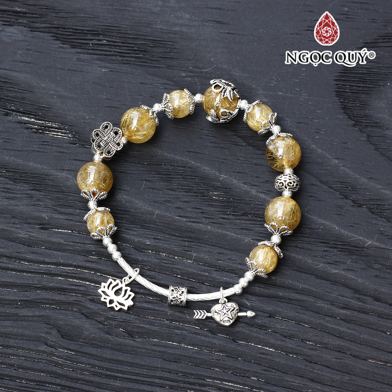 Vòng thạch anh tóc vàng phối lu thống charm bạc hạt 8mm mệnh thủy, kim - Ngọc Quý Gemstones