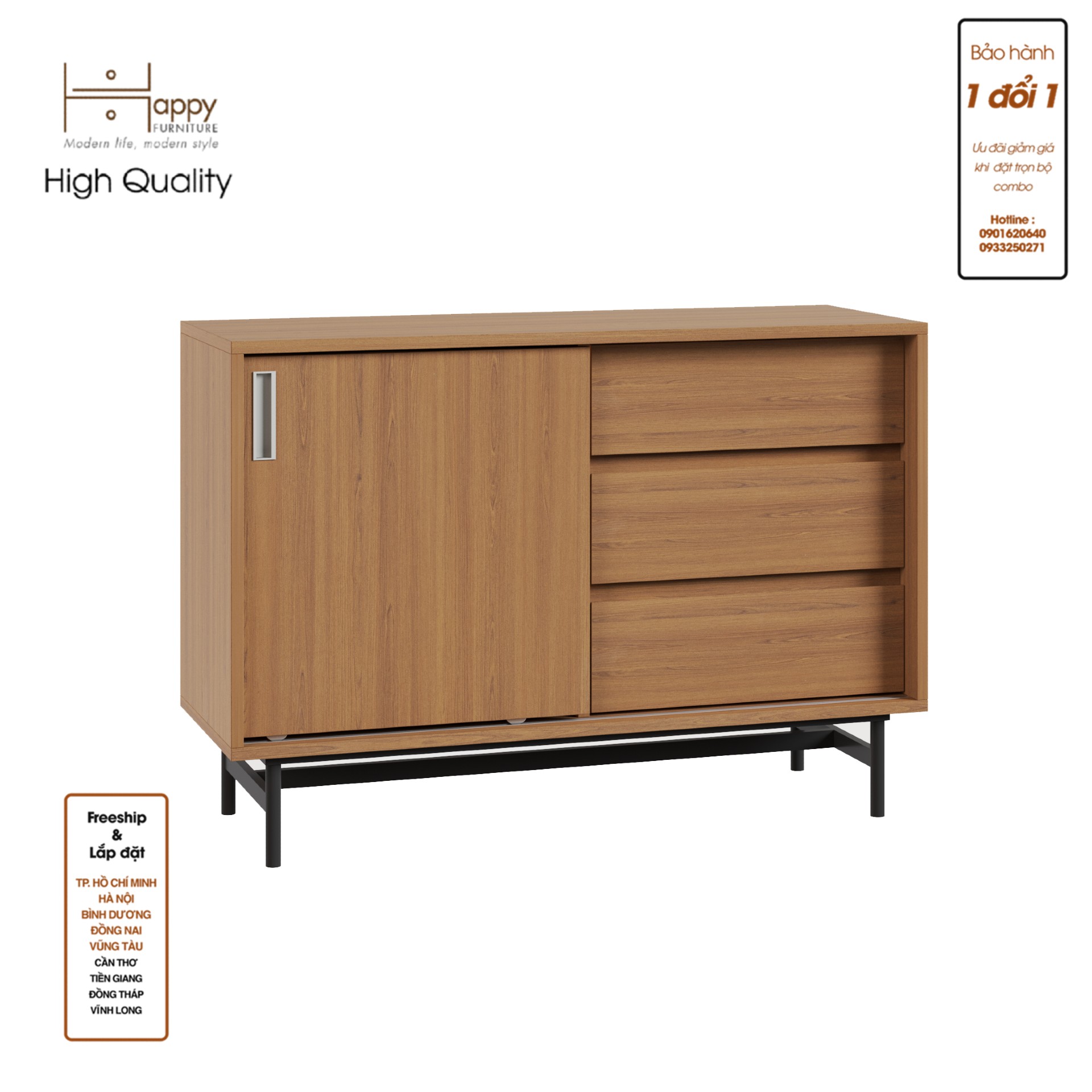 [Happy Home Furniture] LUCA, Tủ lưu trữ cánh lùa 3 ngăn kéo - Chân sắt, 100cm x 36cm x 70cm ( DxRxC), TCL_019