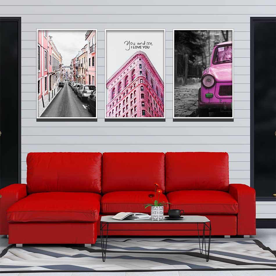 Bộ 3 tranh canvas treo tường Decor Đường phố và xe, tông hồng hiện đại – DC150