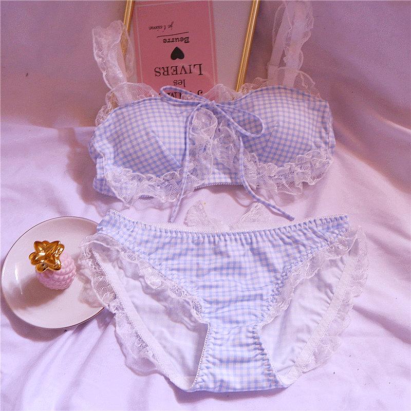 Cô Gái Ngọt Dễ Thương Dây Tự Do Thoải Mái Bộ Áo Ngực Animie Lolita Đồ Lót Nữ Phù Hợp Với Ren KẺ SỌC ĐÁNG Áo Ngực Và Quần bộ