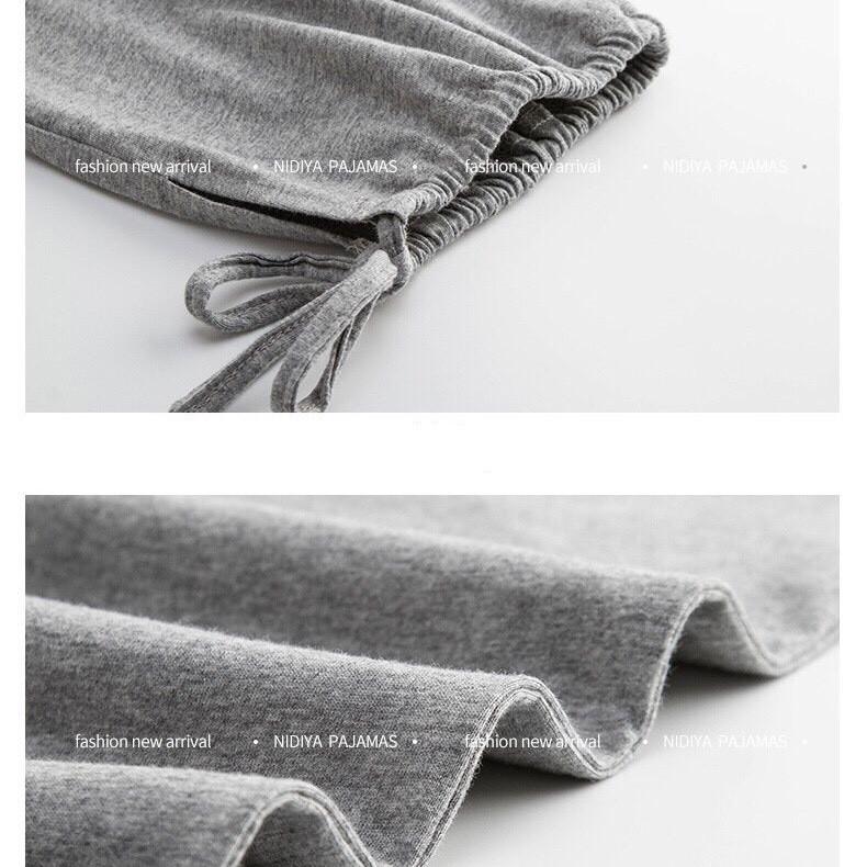 Bộ dài nữ mặc nhà thun cotton màu xanh ghi bo gấu vai buông