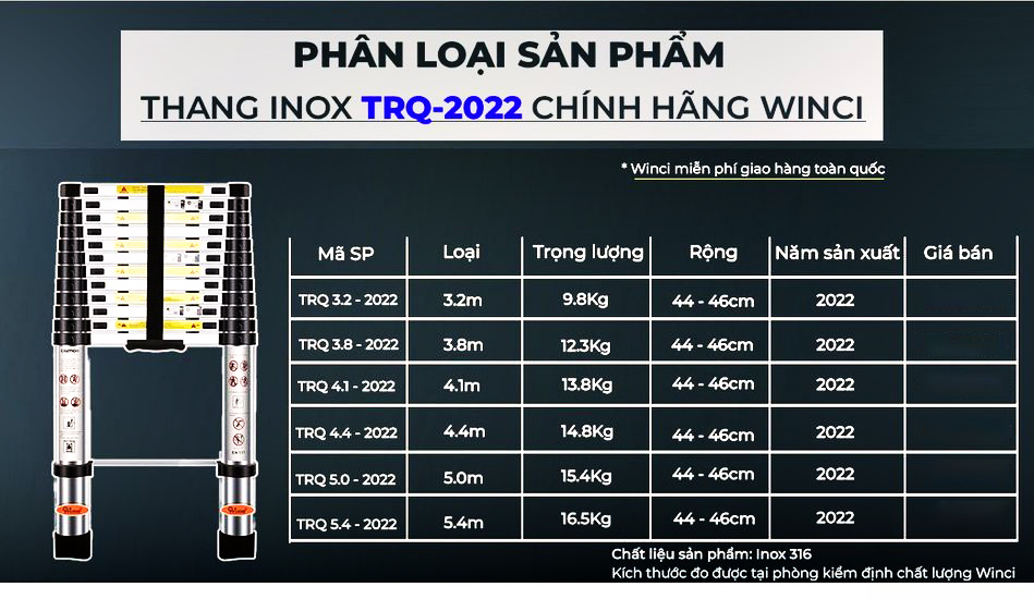 Thang rút đơn Inox 316 chính hãng Winci, WIN-TRX, tải trọng tối đa 500 kg, Hàng chính hãng