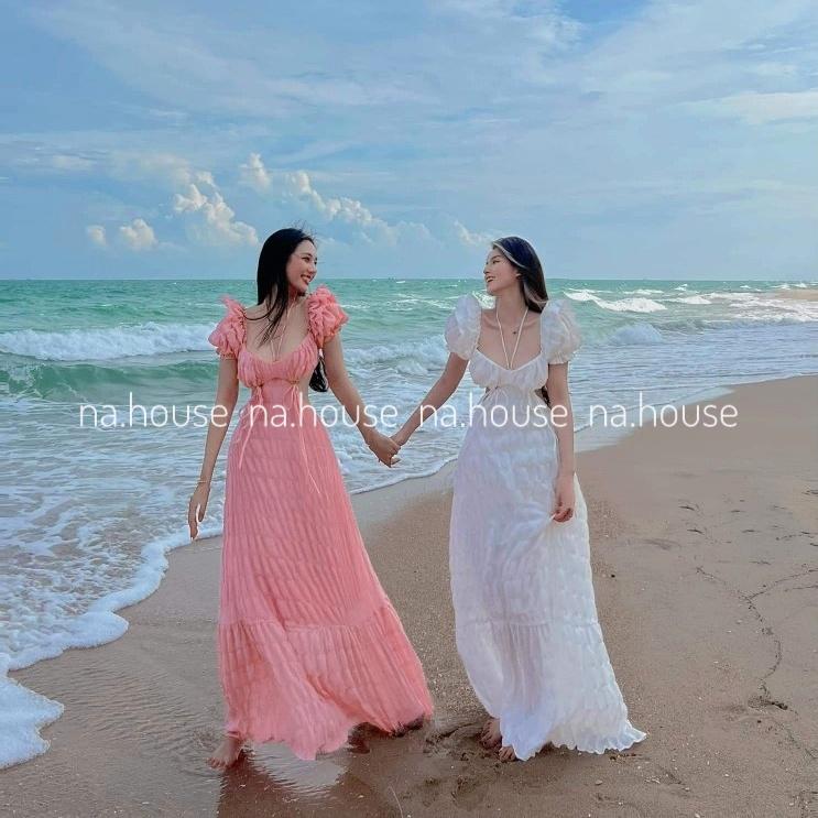 Đầm maxi đi biển chất thun xốp co giãn kiểu cắt xẻ sexy 4 màu hot trend mùa hè-TPxop