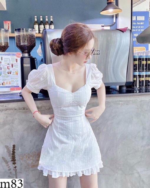 Đầm đũi tay phồng cổ vuông cột nơ lưng có mút ngực sexy sang chảnh