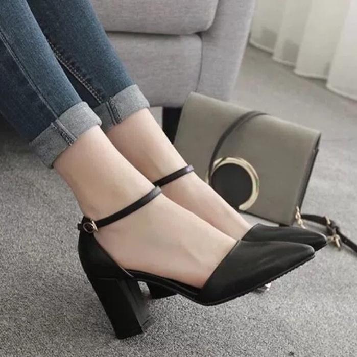 Giày Sandal cao gót nữ 7P BÍT MŨI BÍT GÓT DA LỲ mẫu mới Đen &amp; Trắng