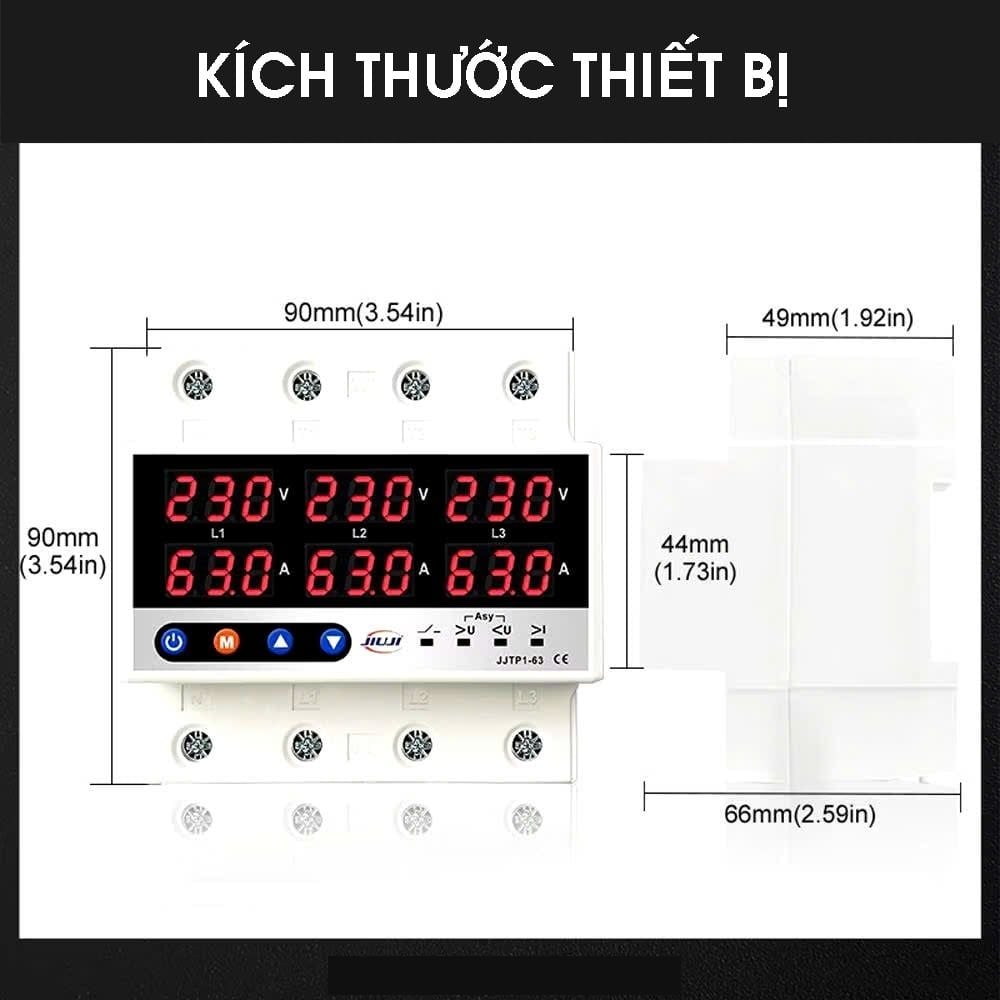 Thiết bị bảo vệ mất pha, mất trung tính, quá áp, quá dòng 3 pha 63A