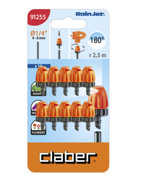 Béc tưới phun mưa Claber micro 180° 91255, hộp 10 cái, nhựa ABS, kết nối ống 4-6mm