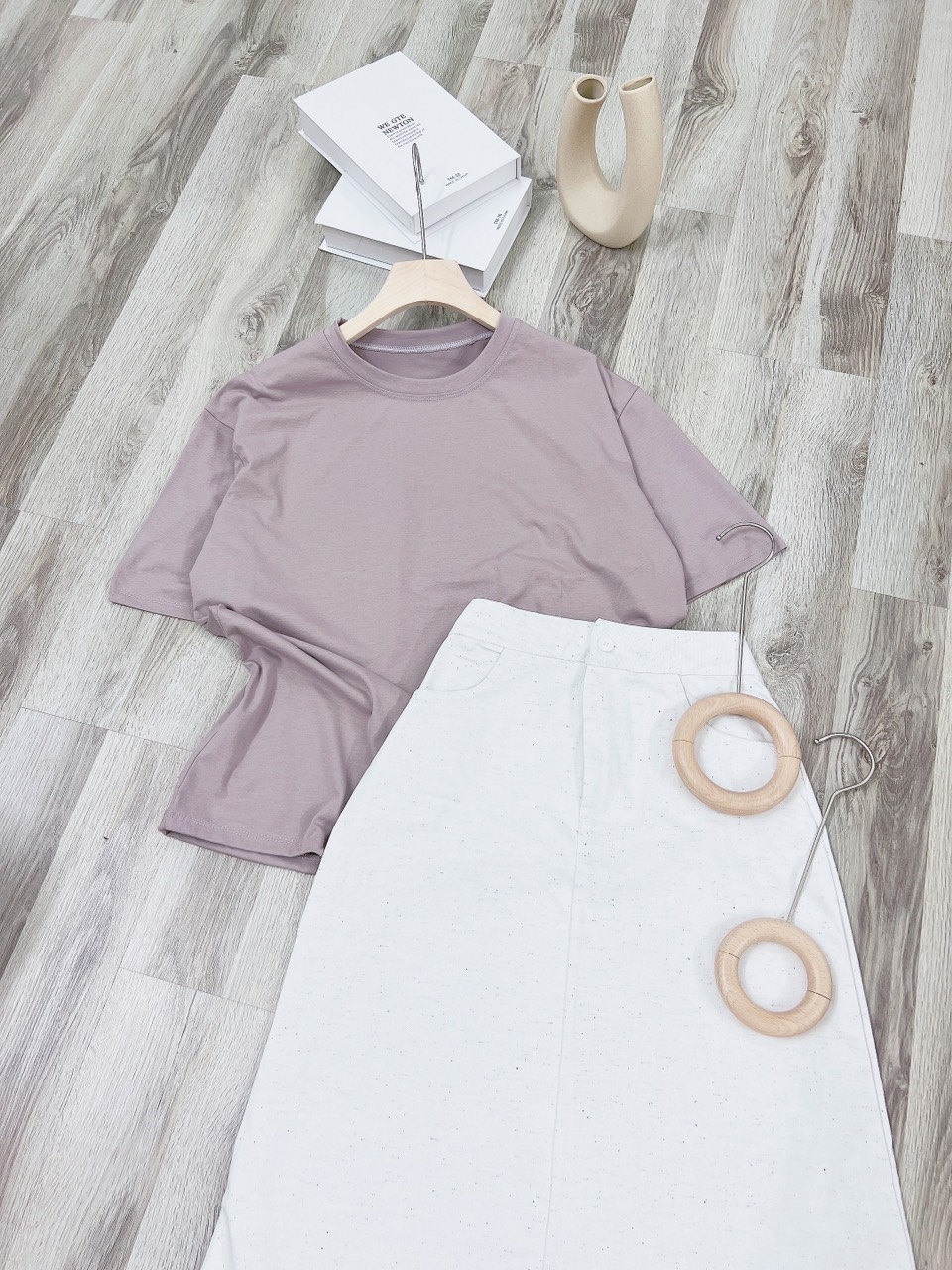 (Ảnh Thật) Set Chân Váy Midi Kaki Phối Áo Thun