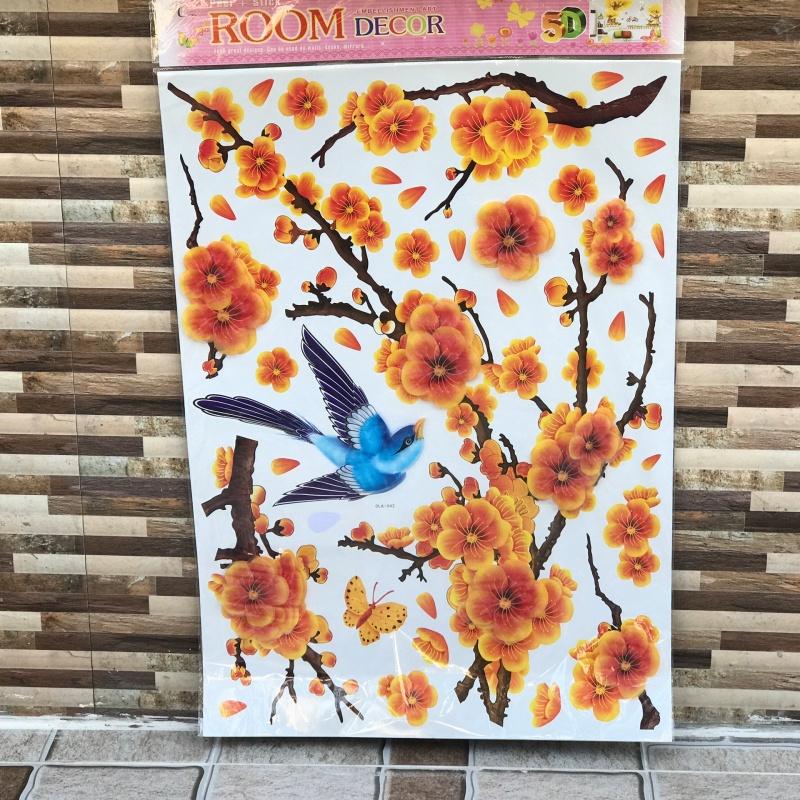 Decal trang trí Tết Mai vàng nở rộ,Đào hồng khoe sắc giấy dán tường tết 2022, tranh dán kính,
