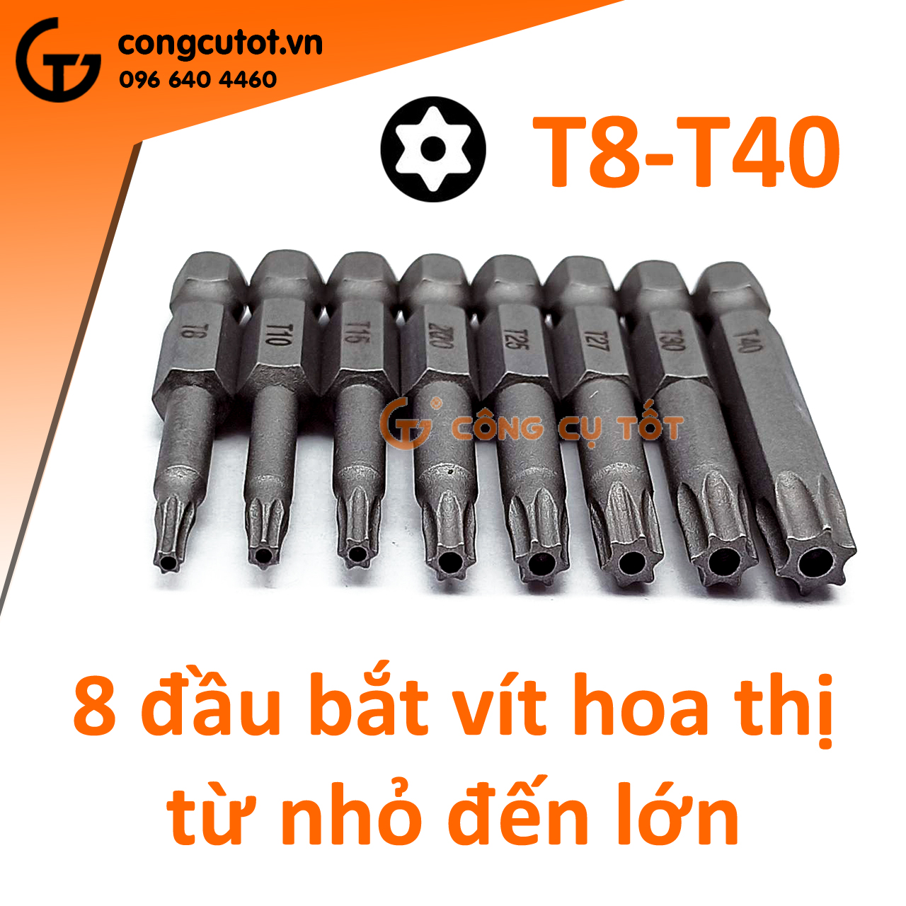 Bộ 8 đầu bắt vít hính sao lỗ 50mm các cỡ T8, T10, T15, T20, T25, T27, T30, T40