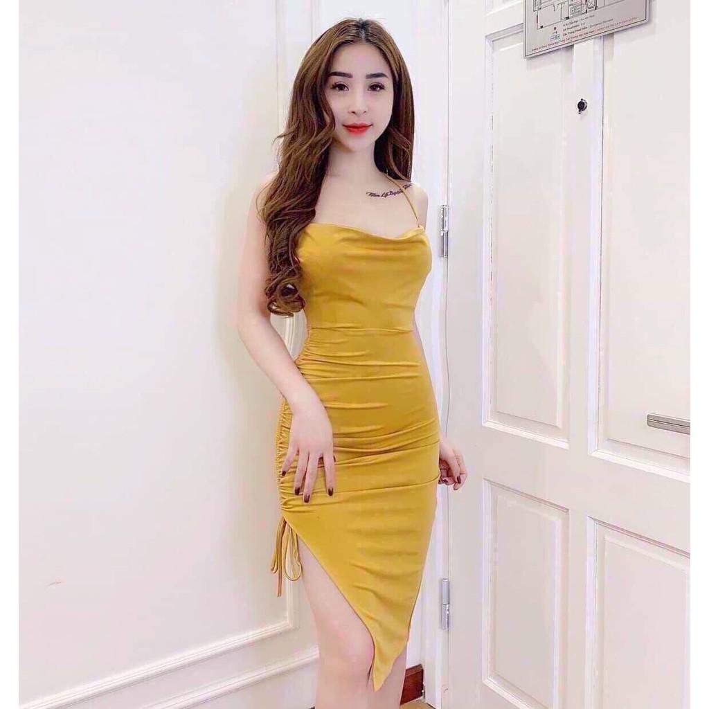 Đầm 2 dây cổ đổ, sẻ tà 2 bên có dây rút siêu sexy