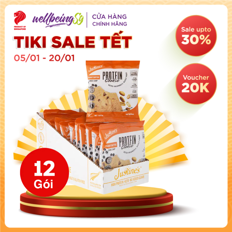 Bánh Quy Vị Bơ Đậu Phộng Justines Protein Cookie, Phù Hợp Chế Độ Ăn Kiêng Keto, Không Đường, Không Chứa Gluten Và Lúa Mì, Bổ Sung Đạm, Xơ Và Canxi, Hộp 12 Cái