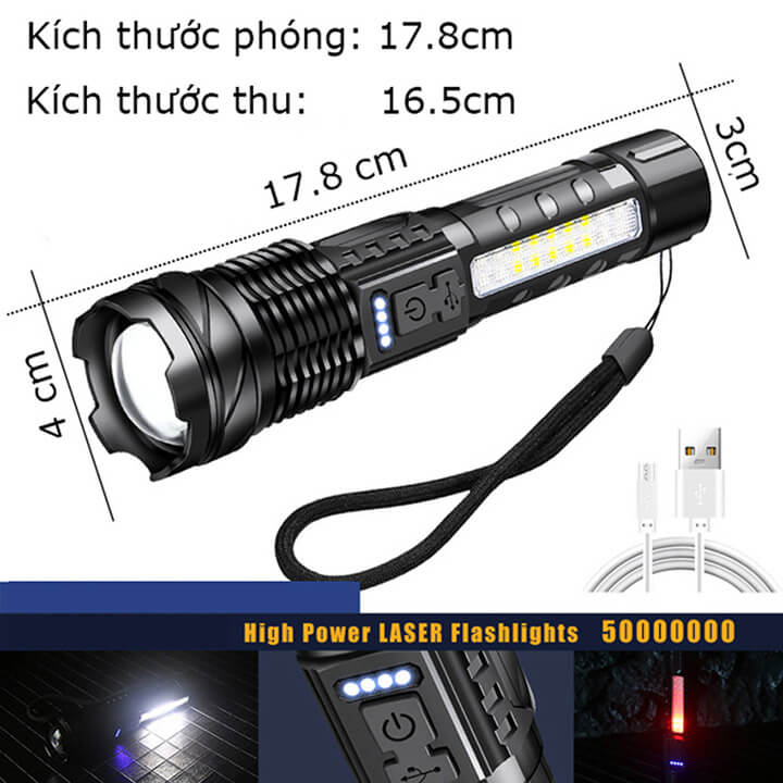 Đèn pin cầm tay siêu sáng chiếu xa 500m có Zoom xa gần, chip Led XHP50 tâm tròn, pin trấu, 7 chế độ sáng, chống nước IPX6