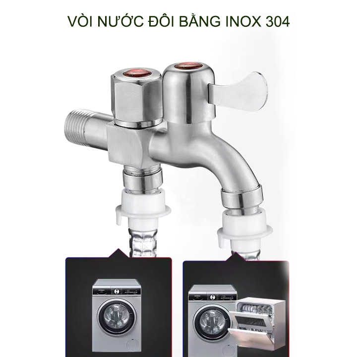 Vòi nước đôi bằng inox 304 gắn tường G03 với 01 đầu vào 2 đầu ra (đầu vào DN15 lắp cho ống D21)