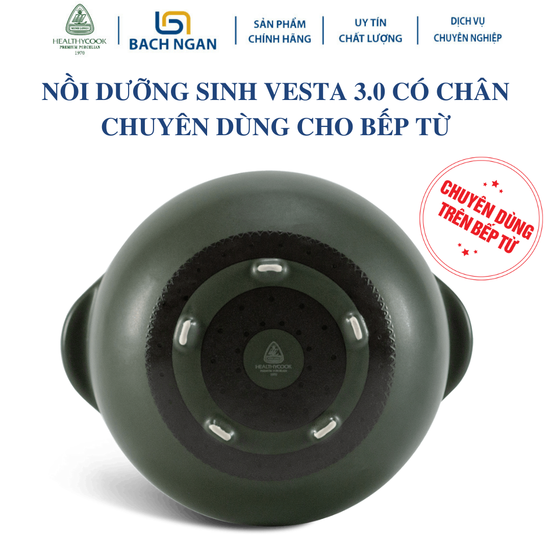 Nồi Sứ Dưỡng Sinh Minh Long - Bếp Từ - Vesta 3.0 L  - Xanh rêu có nắp đậy, an toàn cho sức khỏe, thực phẩm chín sâu và đều