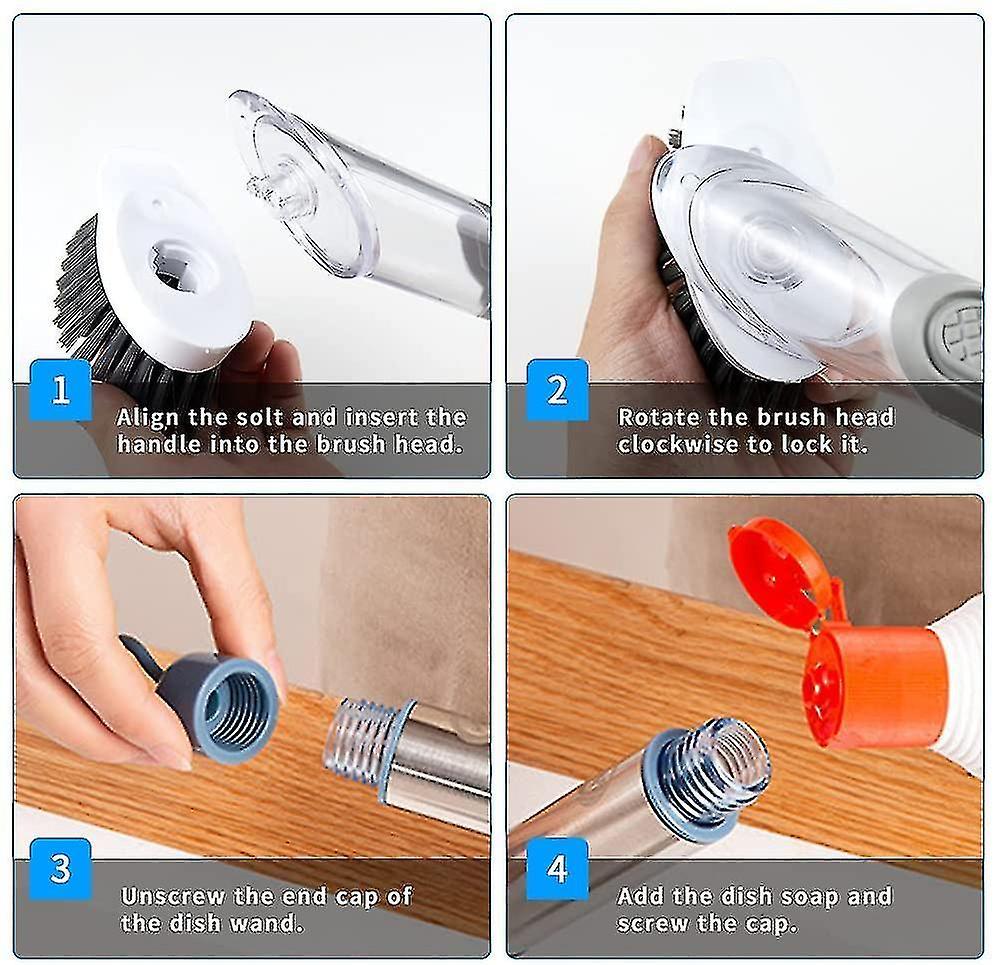 5PCS Xà phòng rửa chén Bàn chải rửa sạch Bàn chải chà với 4 đầu thay thế và giá lưu trữ