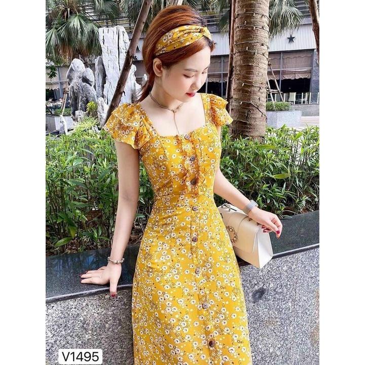 Váy Đầm Hoa Nhí Cánh Tiên Xếp Bèo Kèm Băng Đô Trẻ Trung Thời Trang Nữ