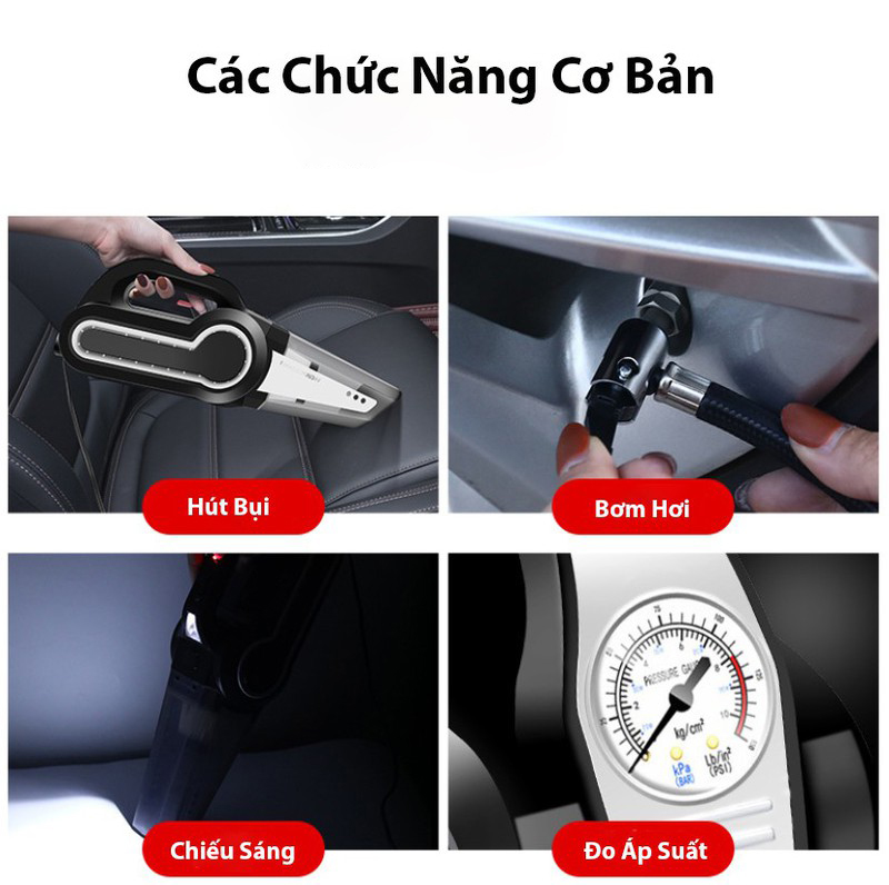 Máy Hút Bụi Ô Tô  4 trong 1 Đa Năng - Hút Bụi , Bơm Lốp Xe , Đo Áp Suất Lốp, Chiếu Sáng