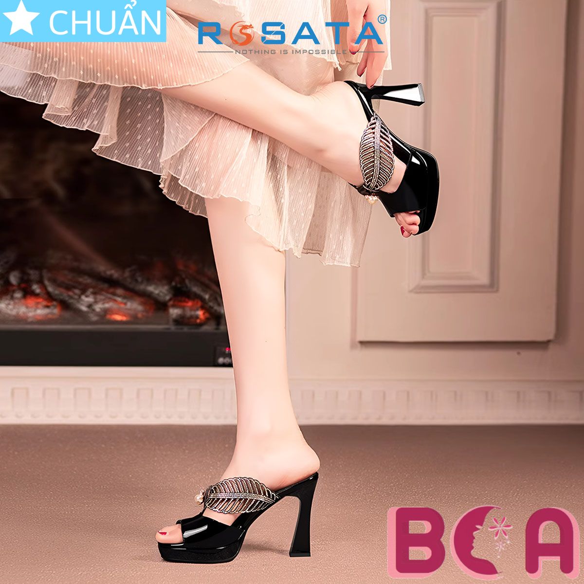 Dép nữ đẹp chính hãng cao gót 9 phân RO665 ROSATA tại BCASHOP thời trang và tôn dáng với thiết kế 2 chiếc lá đính nhau