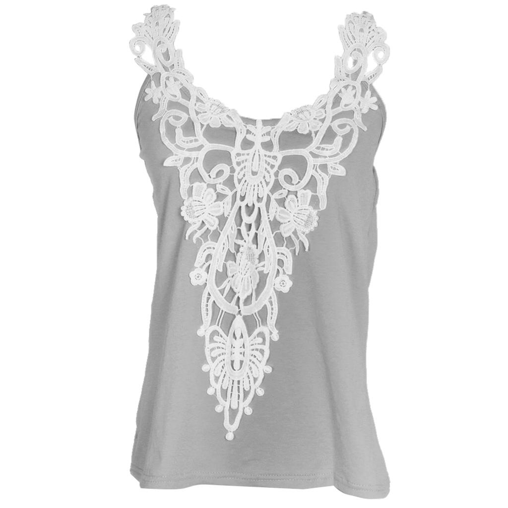 Girls Ladies Women Cotton Tops Sleeveless Lace Vest Blouse Crop Top Gray