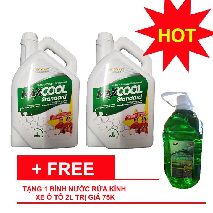 COMBO 2 can nước làm mát xe ô tô màu xanh Maxcool 4L tặng nước rửa kính 2L