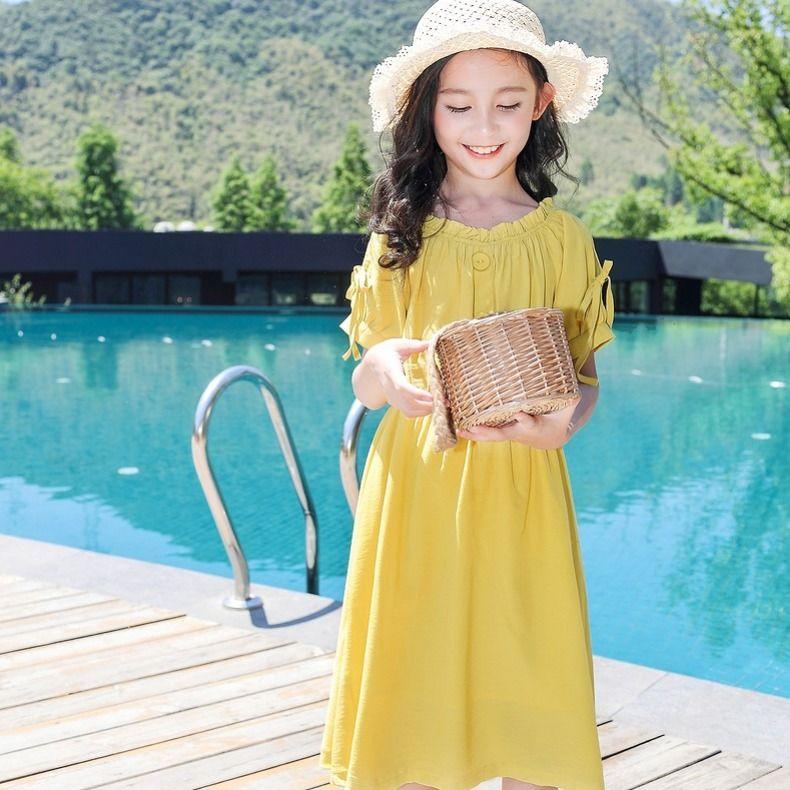 DONGSHOP HOT Đồng bằng bông trẻ em ăn mặc cô gái đầm 2022 mùa hè váy trẻ em trung bình lớn bé lưới váy công chúa cô gái nhỏ