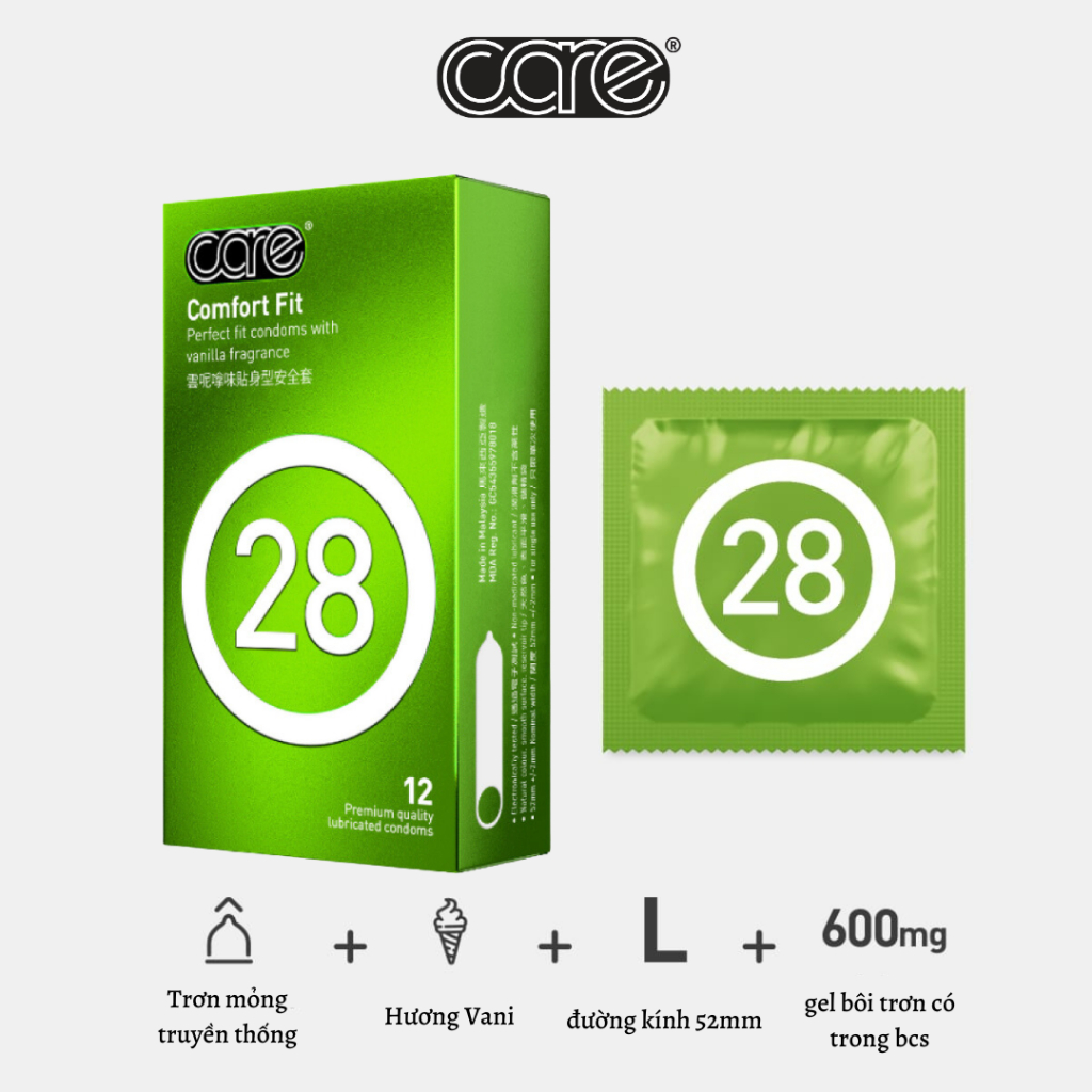 Bao cao su mỏng trơn truyền thống CARE 28, nhiều gel bôi trơn, kéo dài thời gian, hương vani, hộp 3, 12 chiếc